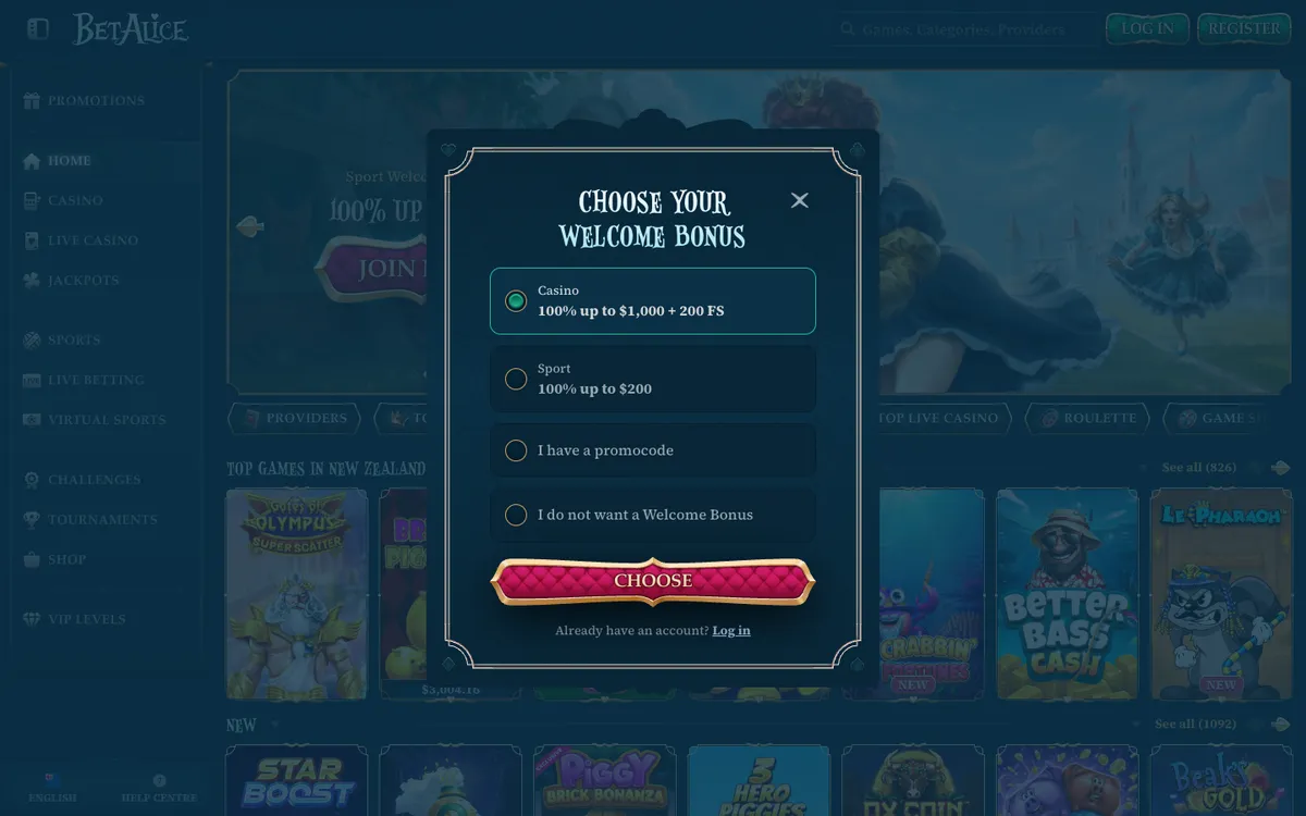 BetAlice Casino — Sign-up, captured from New Zealand