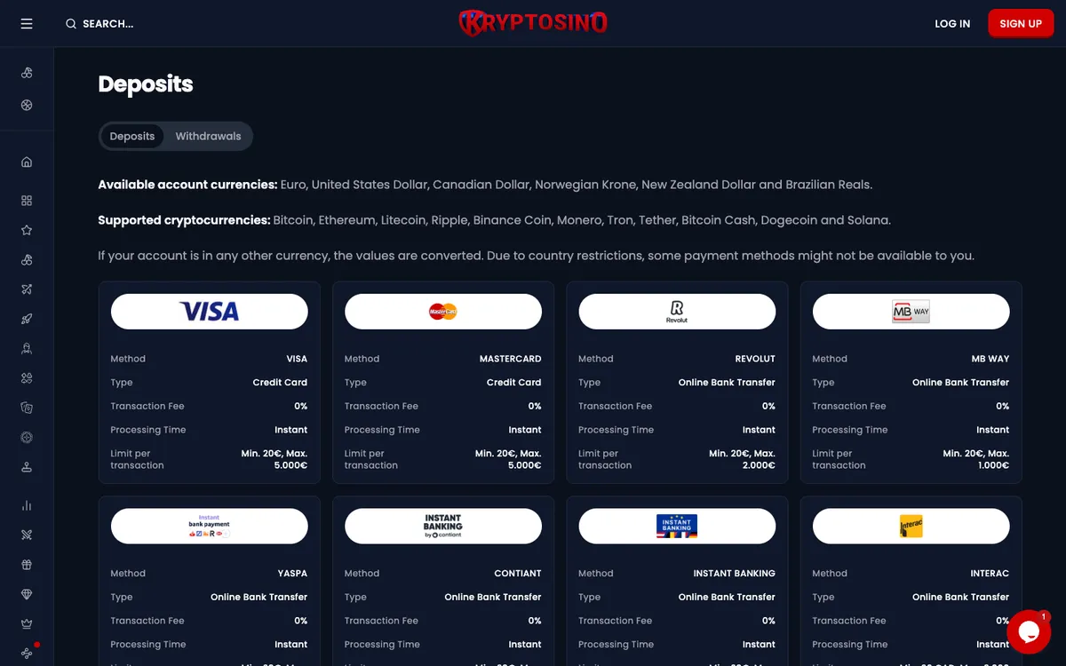 Kryptosino Casino — Payments, captured from Austria