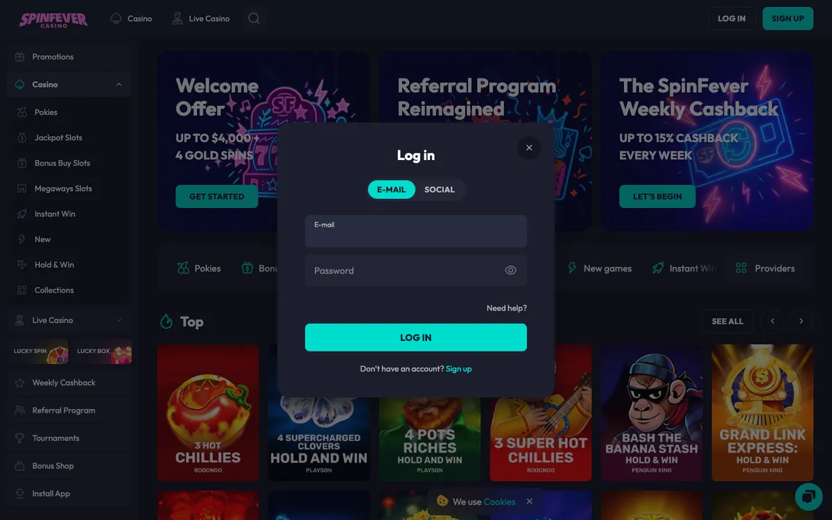 SpinFever Casino — «Регистрация», снято из страны Австралия