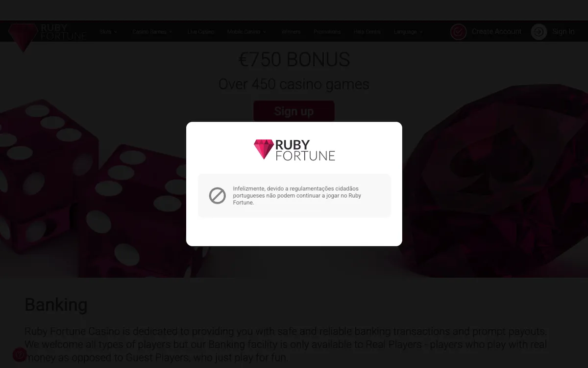 Ruby Fortune Casino — Payments, captured from Portugal
