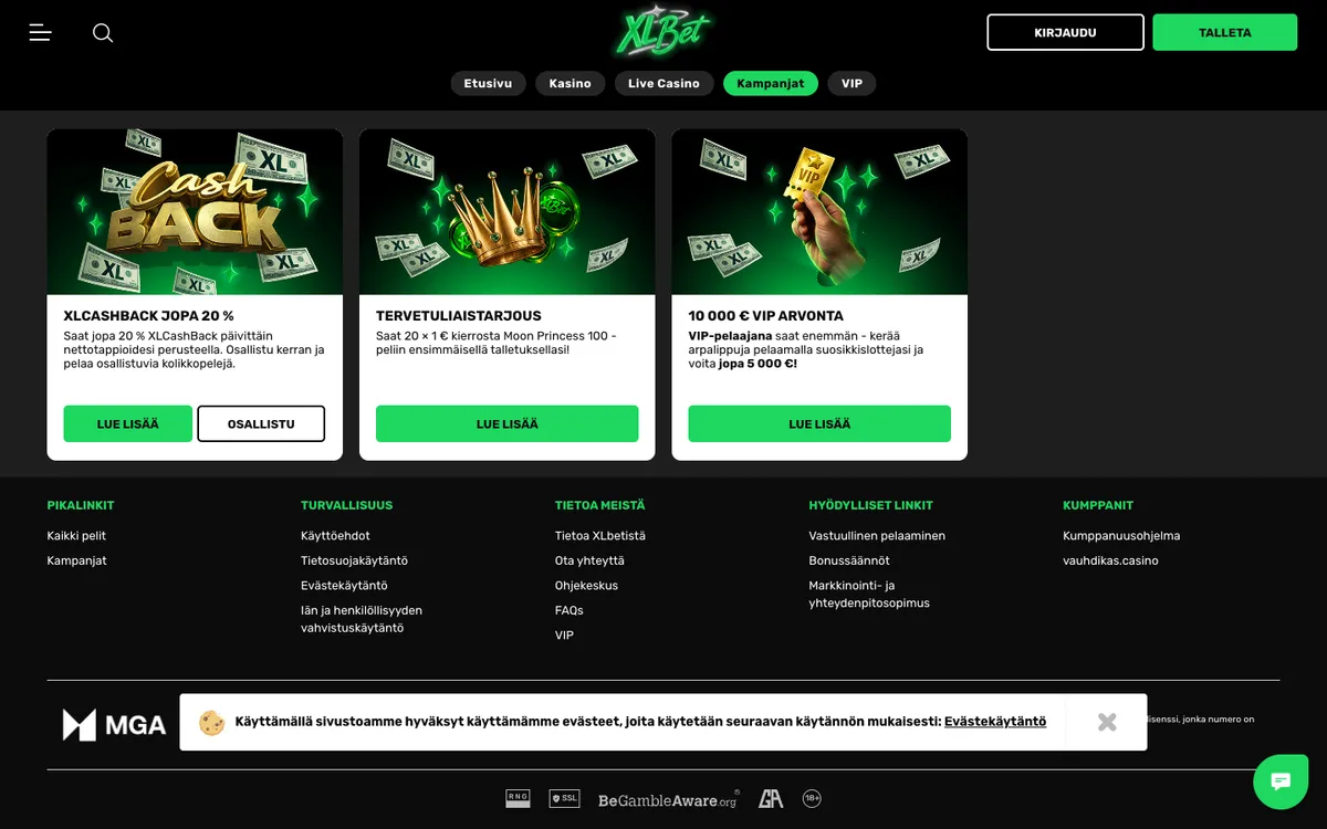 XLBet Casino — Promotions, captured from Finland