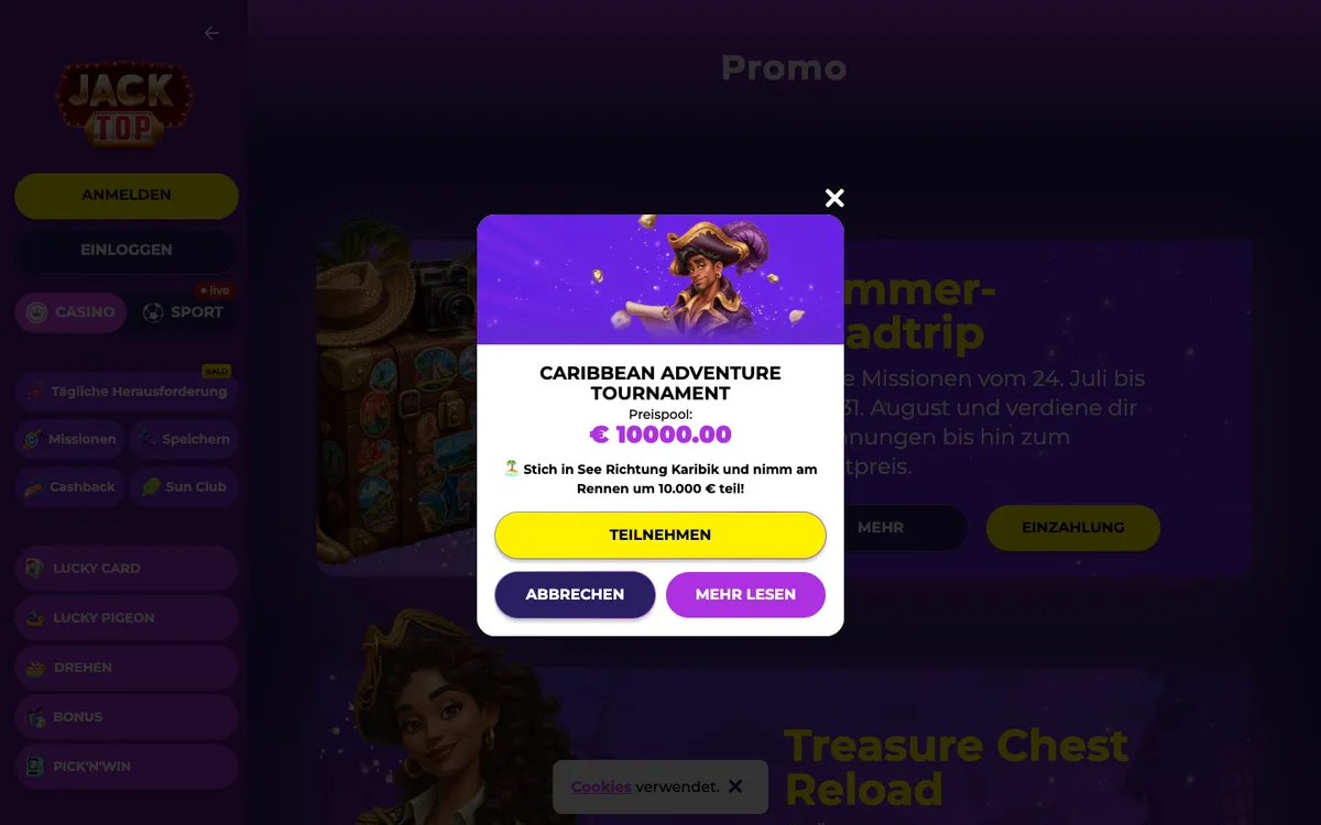 Jacktop Casino — Promotions, captured from Germany