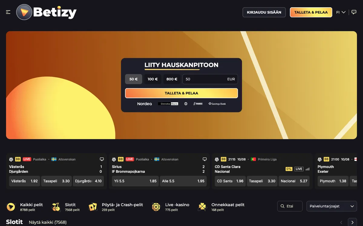 Betizy Casino — Home page, captured from Finland
