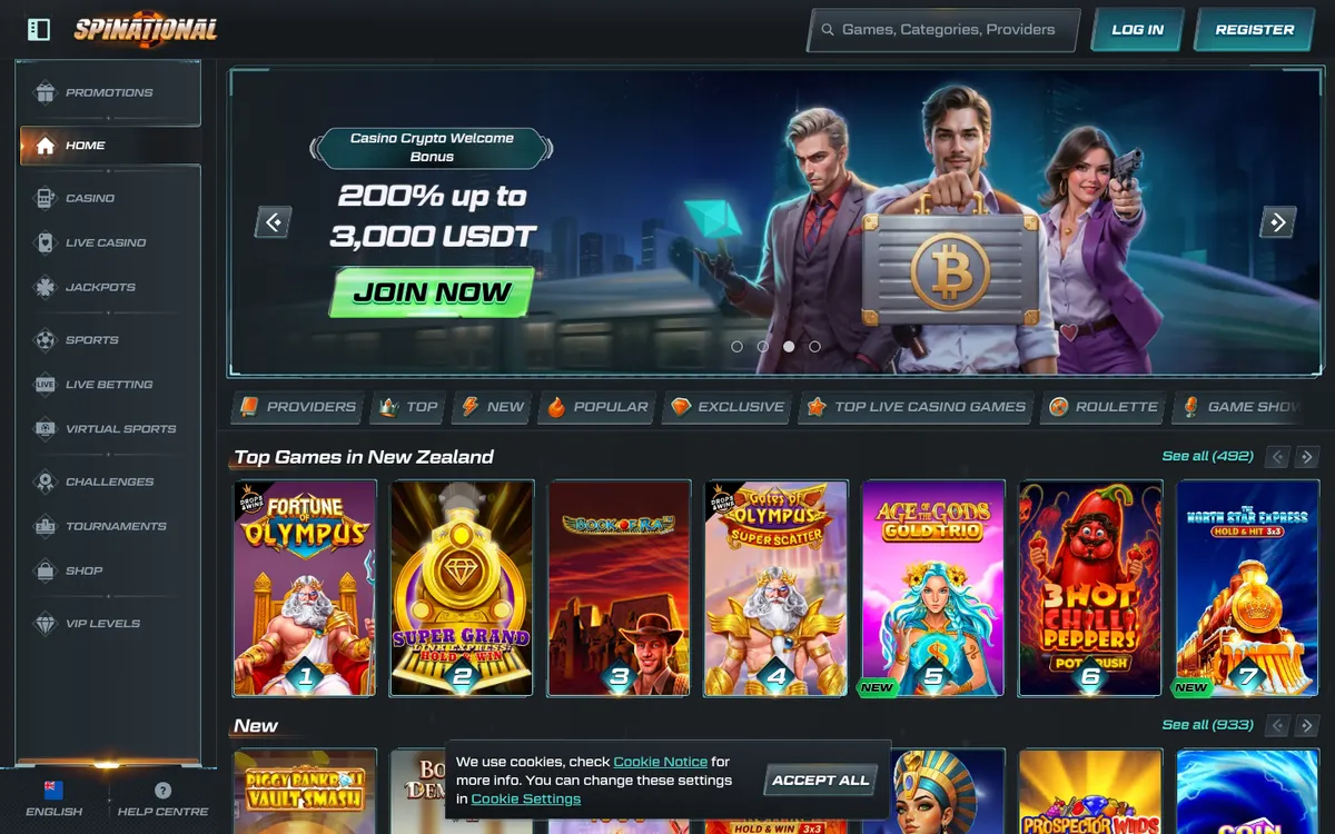 Spinational Casino — Home page, captured from New Zealand