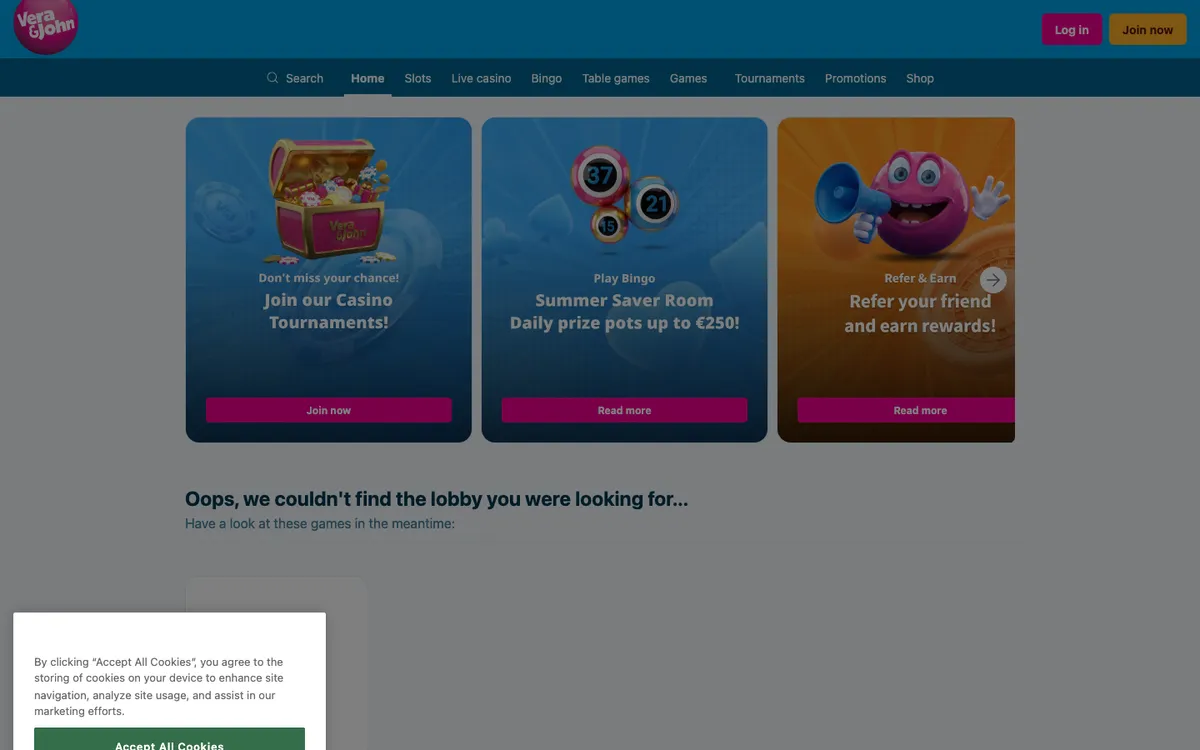 Vera John Casino — Home page, captured from Brazil