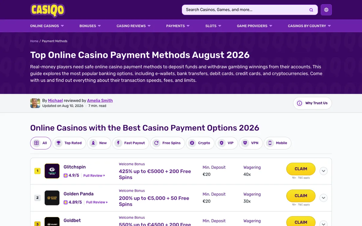 Casiqo Casino — Payments, captured from Poland