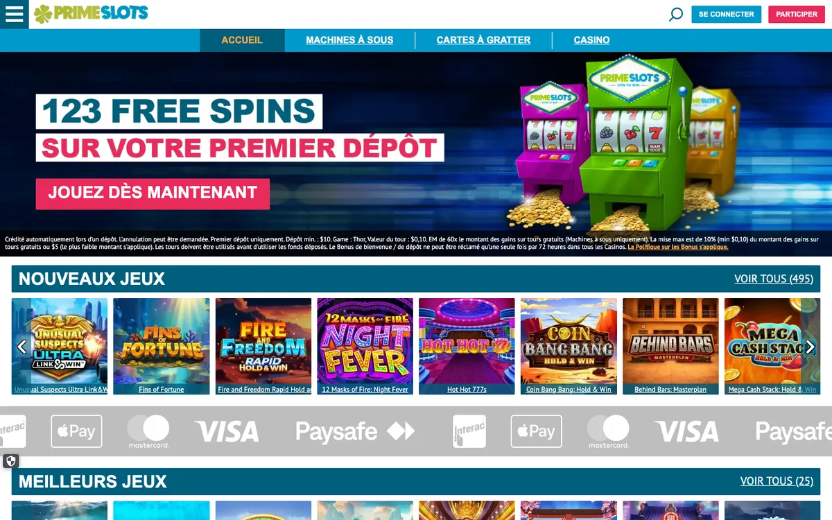 Prime Slots Casino — Home page, captured from Canada