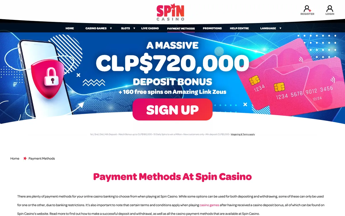 Spin Casino — Payments, captured from Chile