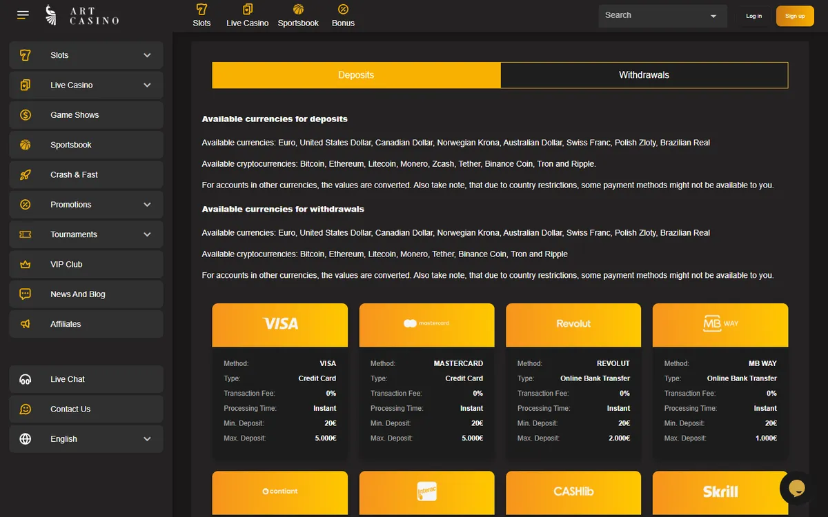 ArtCasino — Payments, captured from Canada