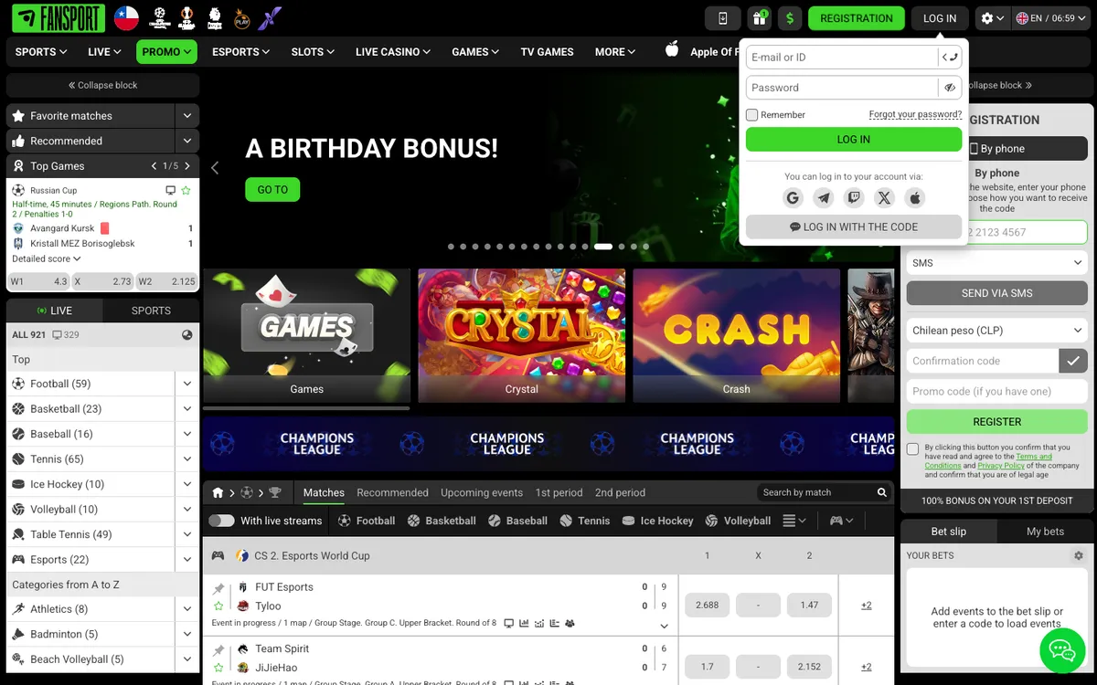 Fansport Casino — Sign-up, captured from Chile