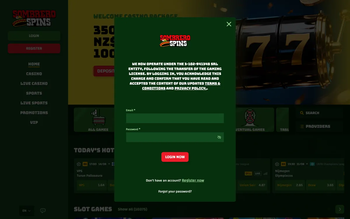 Sombrero Spins Casino — «Регистрация», снято из страны Новая Зеландия