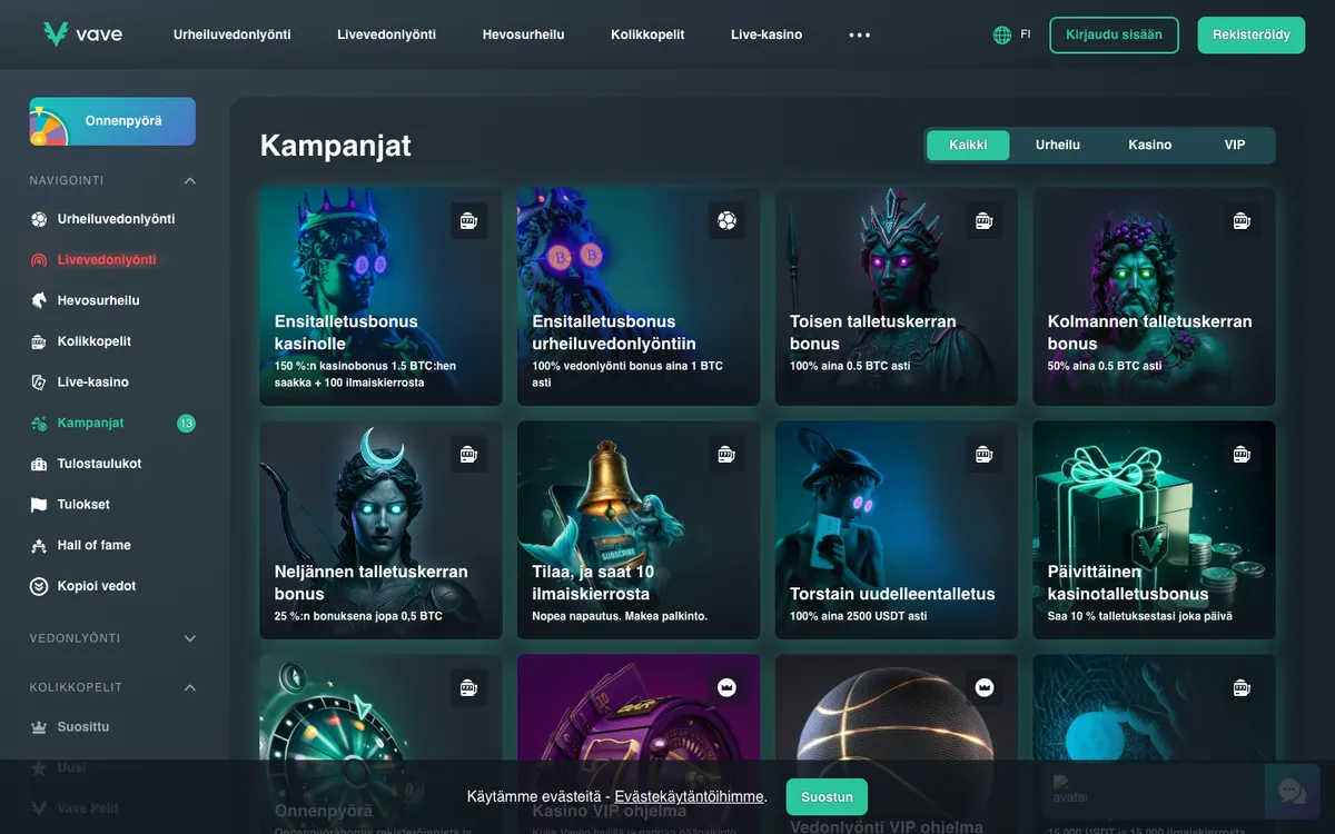 Vave Casino — Promotions, captured from Finland