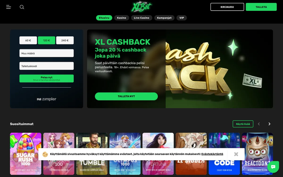 XLBet Casino — Home page, captured from Finland