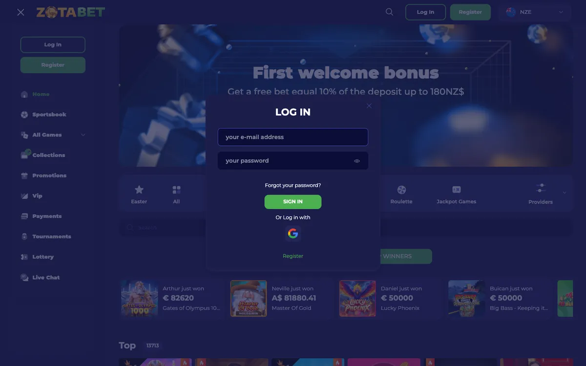 Zotabet Casino — Sign-up, captured from New Zealand