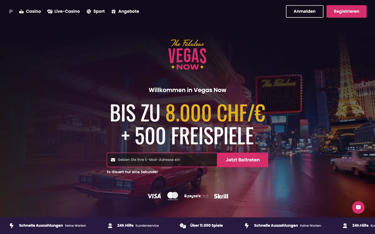 Vegas Now Casino — Home page, captured from Switzerland