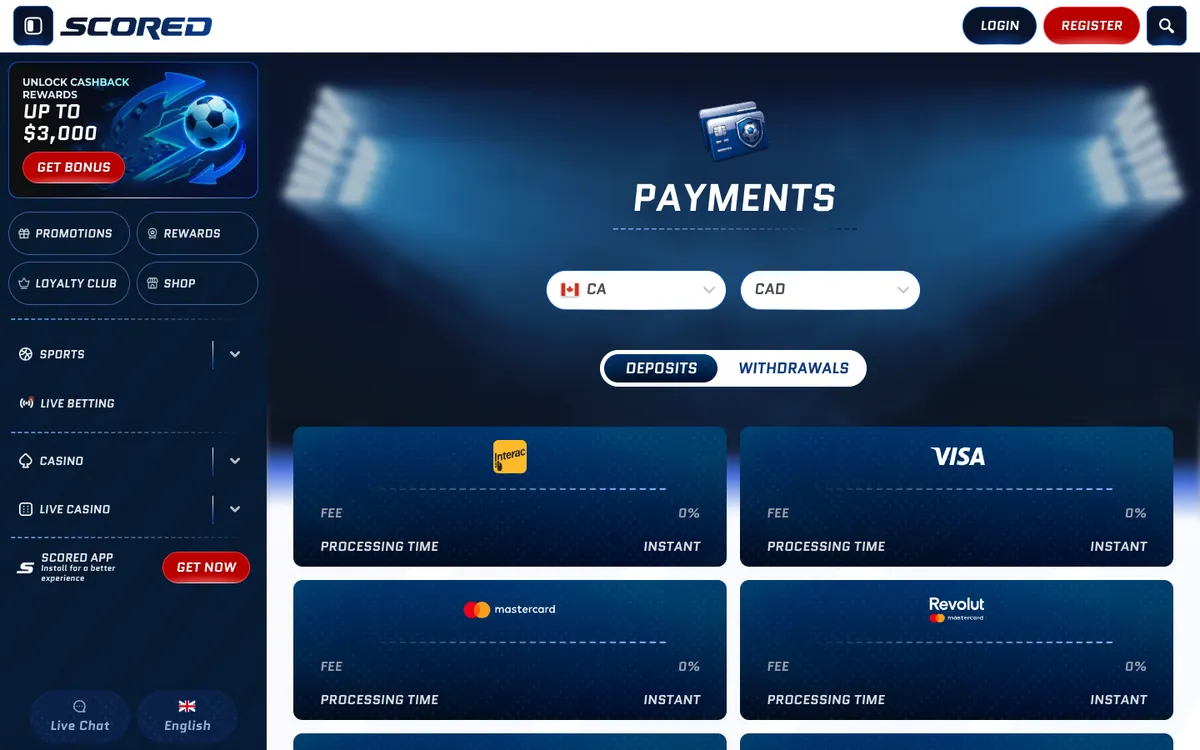 Scored Casino — Payments, captured from Canada