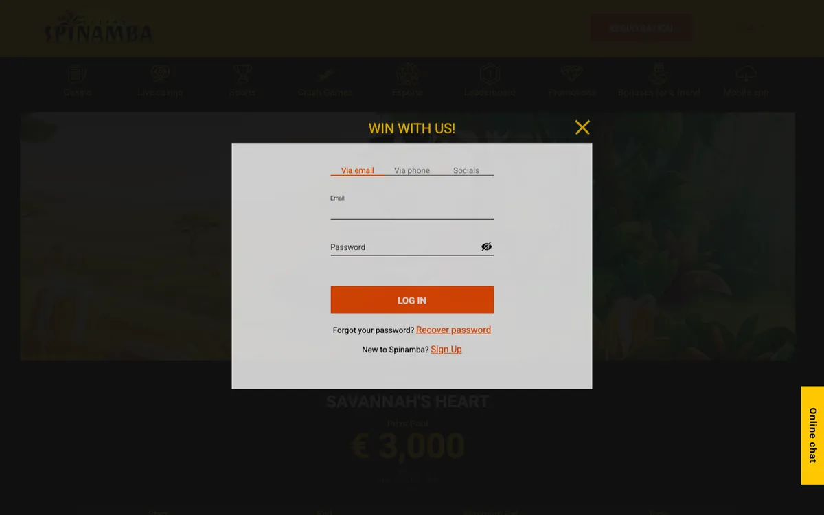 Spinamba Casino — «Регистрация», снято из страны Финляндия