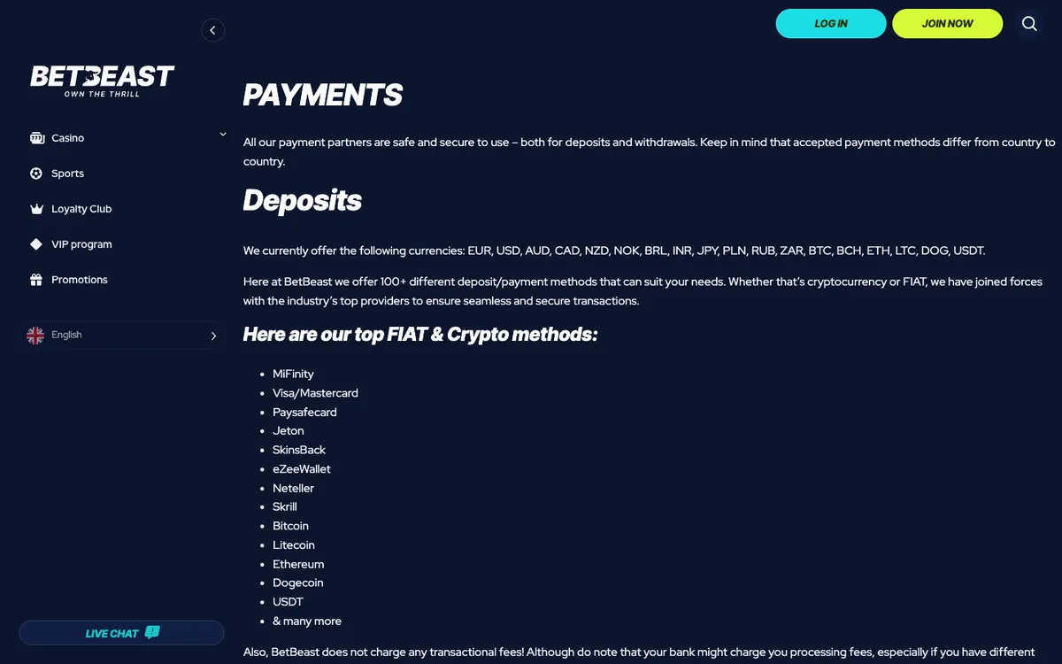 BetBeast Casino — Payments, captured from South Africa