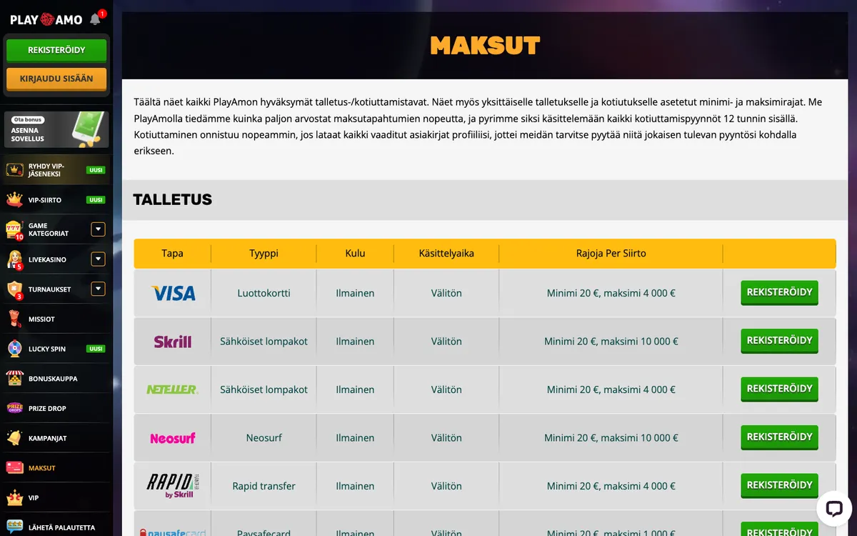 Playamo Casino — Payments, captured from Finland