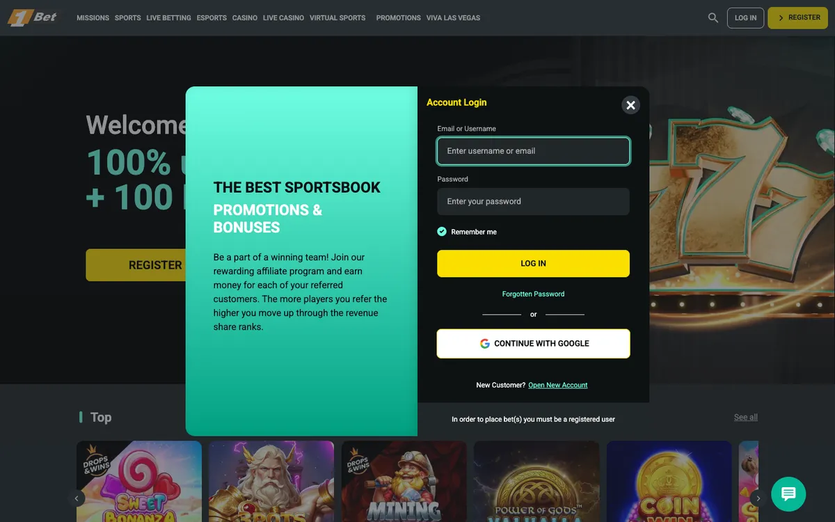 1Bet Casino — «Регистрация», снято из страны Австралия