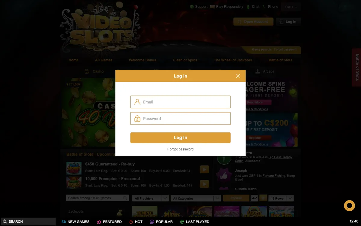 Videoslots Casino — Sign-up, captured from Canada