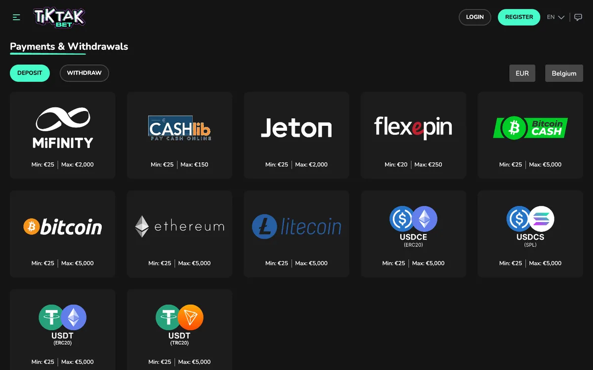 TikTak Bet Casino — Payments, captured from Belgium