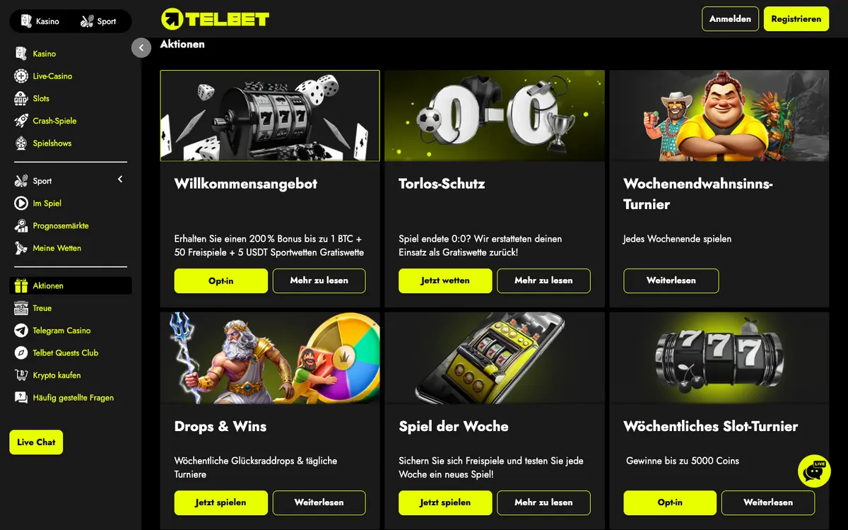 Telbet Casino — Promotions, captured from Austria