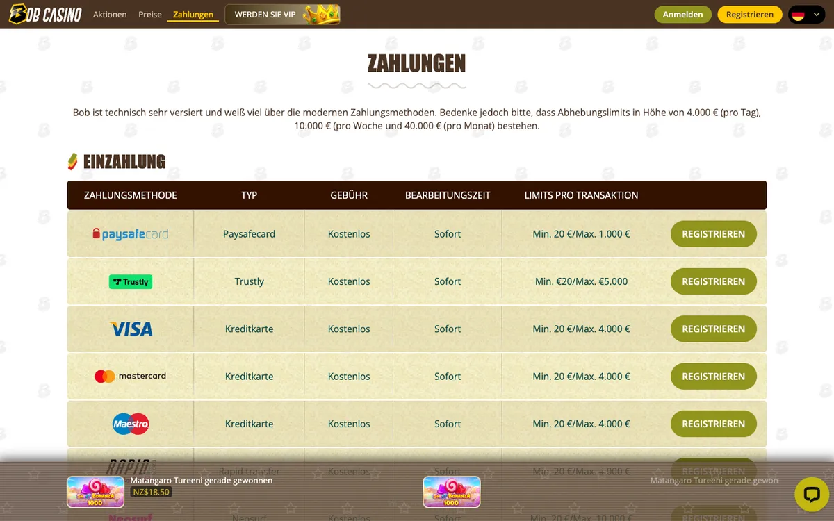 Bob Casino — Payments, captured from Austria