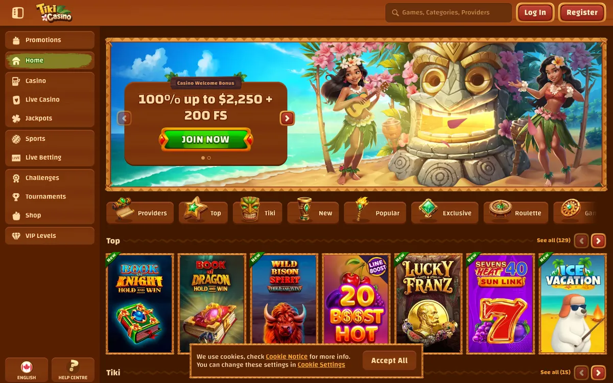 Tiki Casino — Home page, captured from Canada