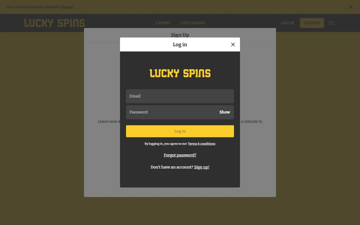 Lucky Spins Casino — Sign-up, captured from Canada