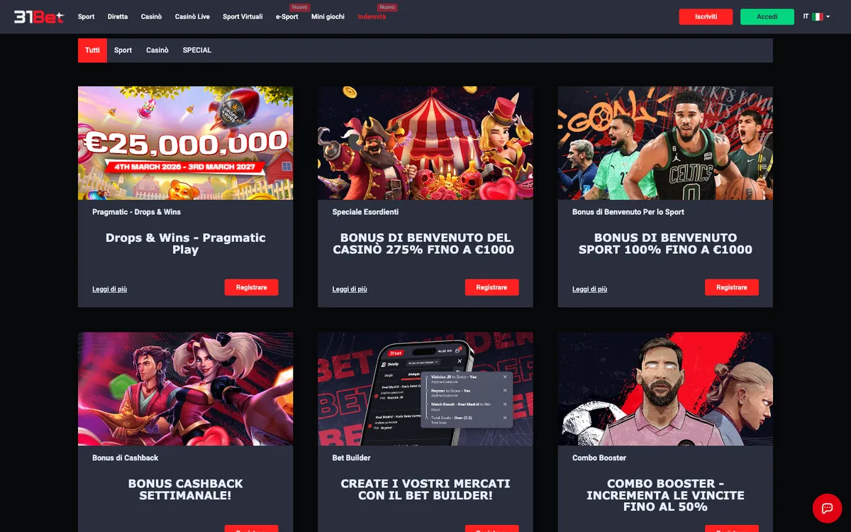 31Bet.com Casino — Promotions, captured from Italy