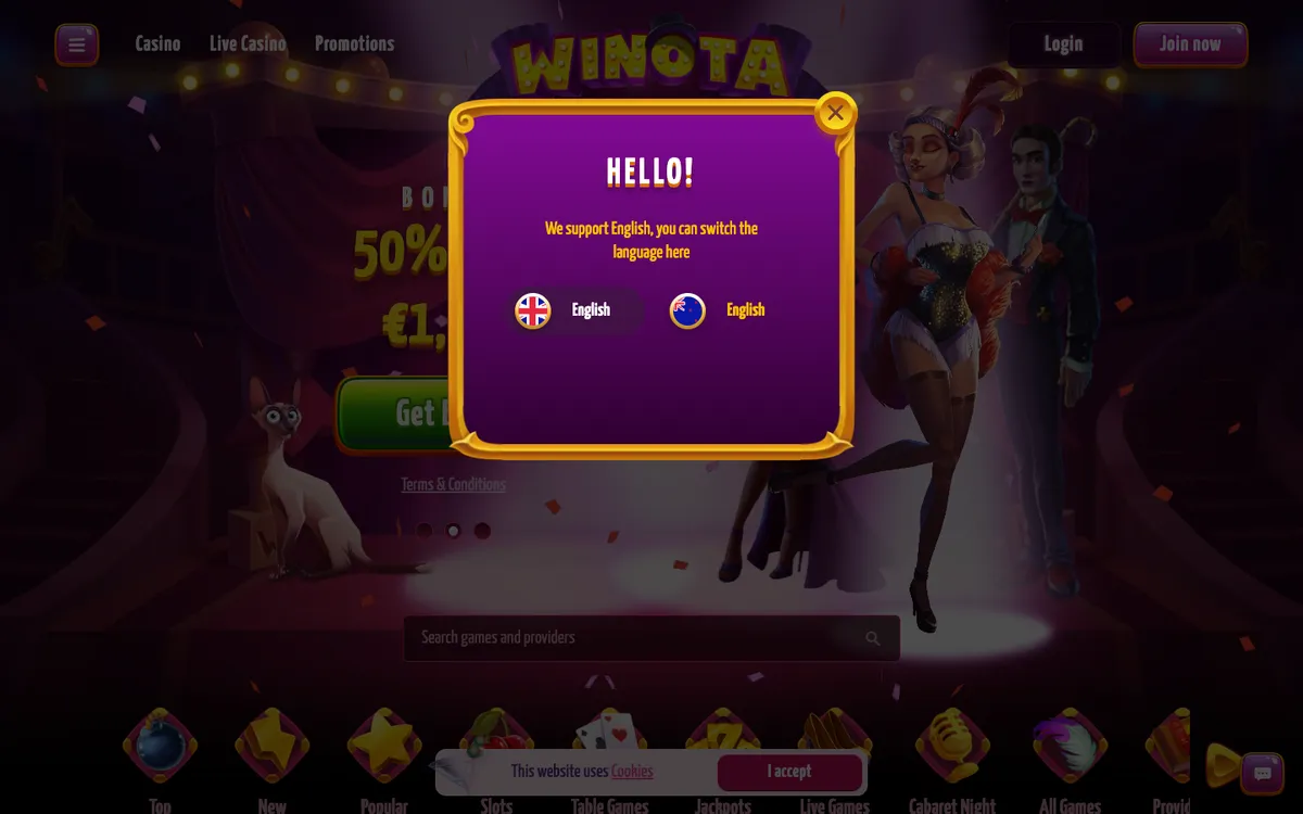 Winota Casino — Home page, captured from New Zealand
