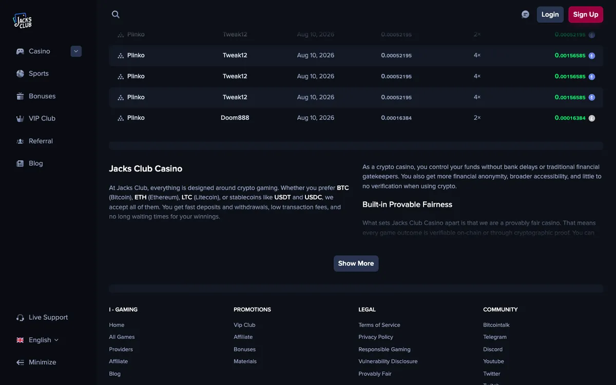 Jacks Club Casino — Home page, captured from Belgium