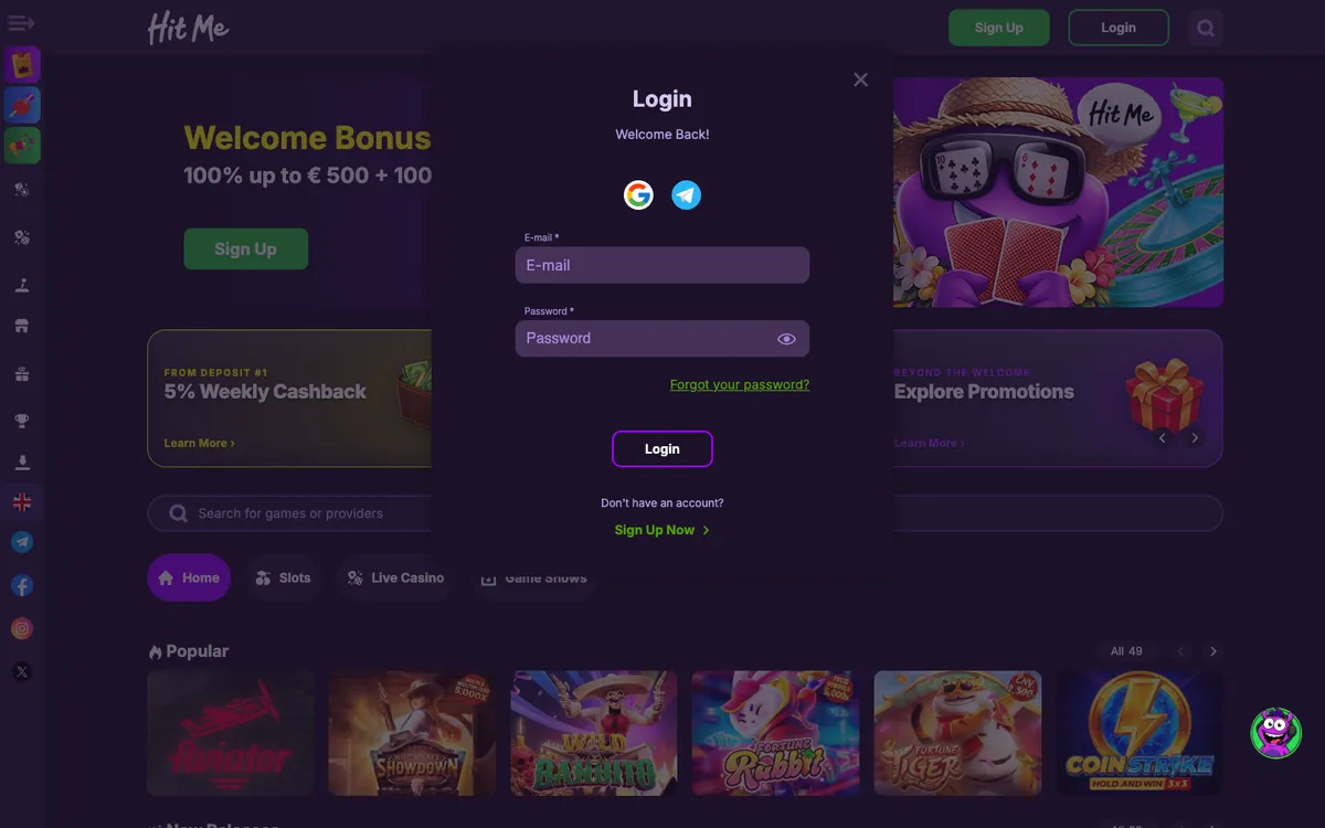 Hit Me Casino — Sign-up, captured from South Africa