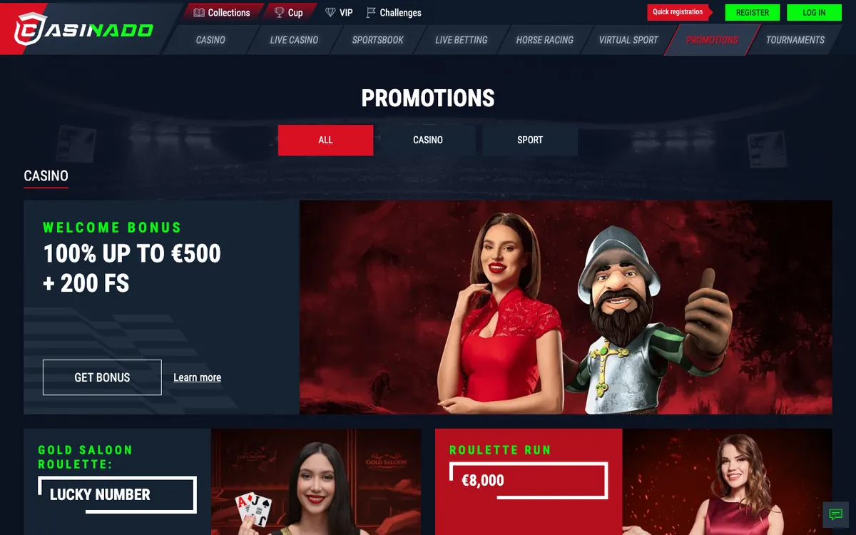 Casinado Casino — Promotions, captured from South Africa