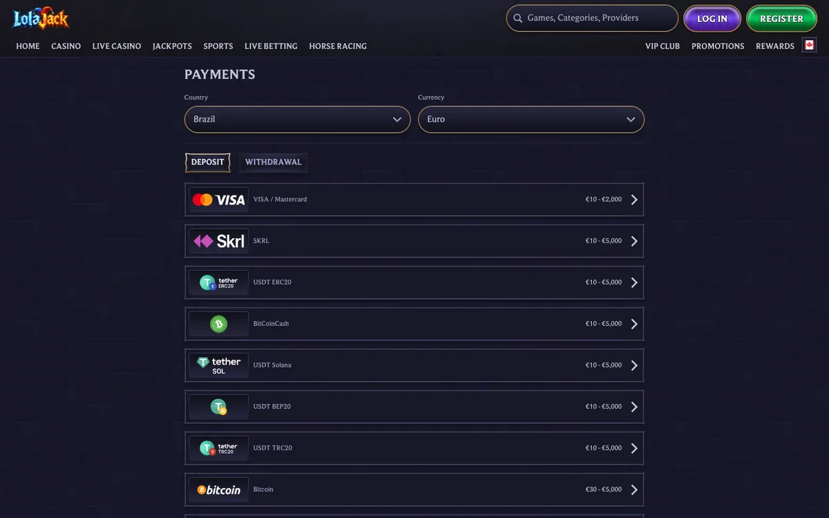 LolaJack Casino — Payments, captured from Canada