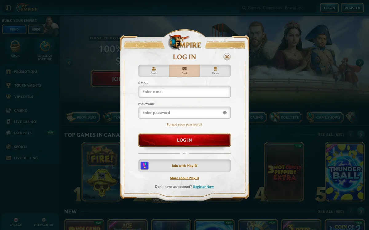MyEmpire Casino — Sign-up, captured from Canada
