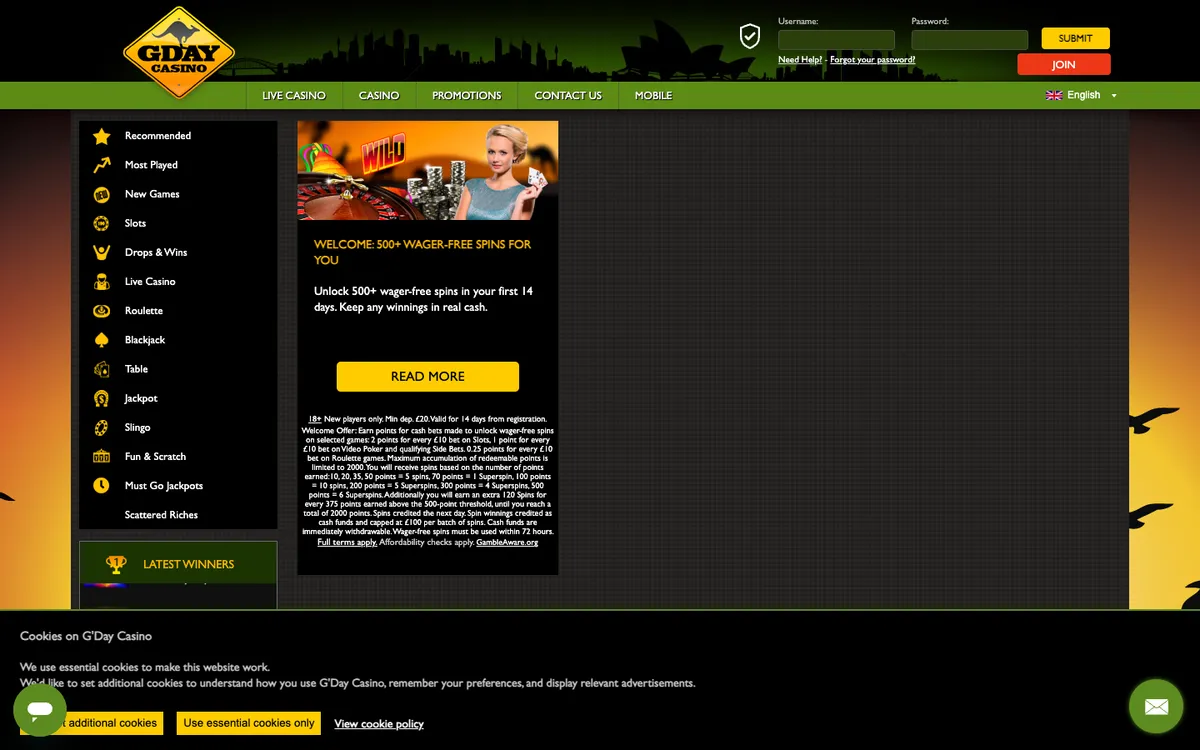 GDay Casino — Promotions, captured from United Kingdom