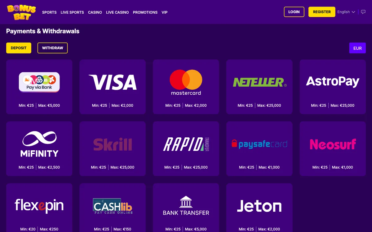 BonusBet Casino — Payments, captured from Portugal