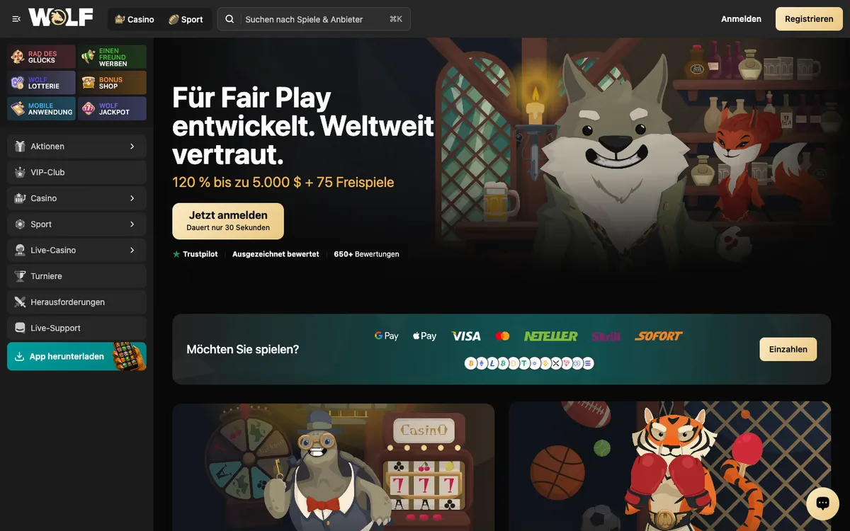 Wolf.io Casino — «Главная», снято из страны Австрия