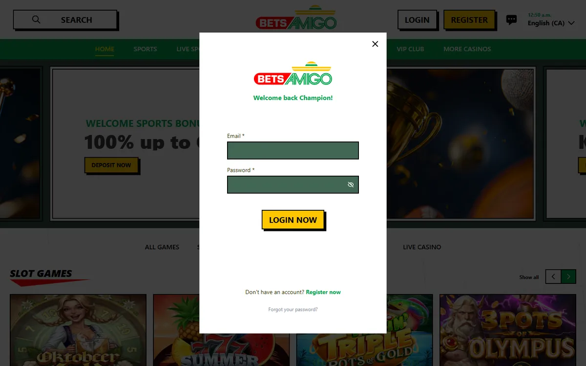 Betsamigo Casino — «Регистрация», снято из страны Канада