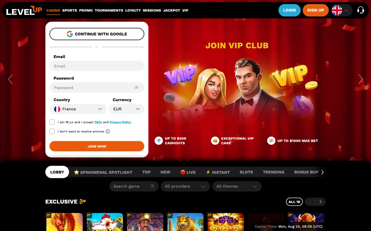 LevelUp Casino — «Главная», снято из страны Франция