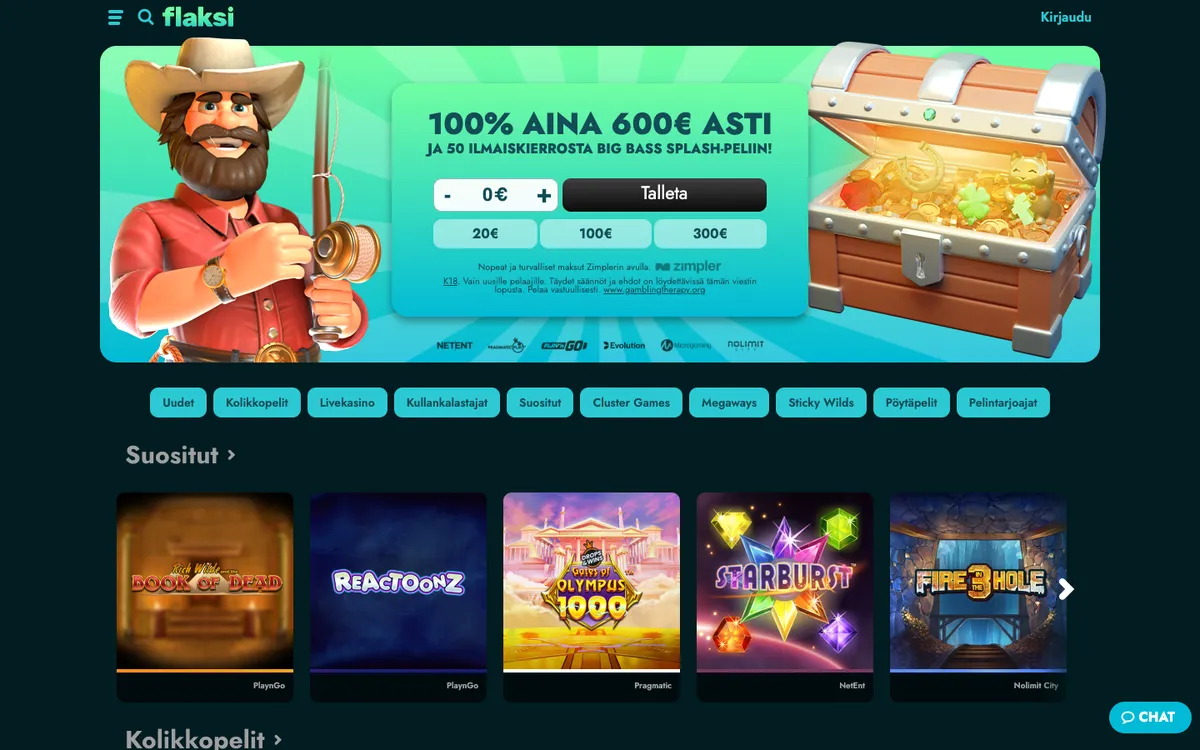 Flaksi Casino — Home page, captured from Finland