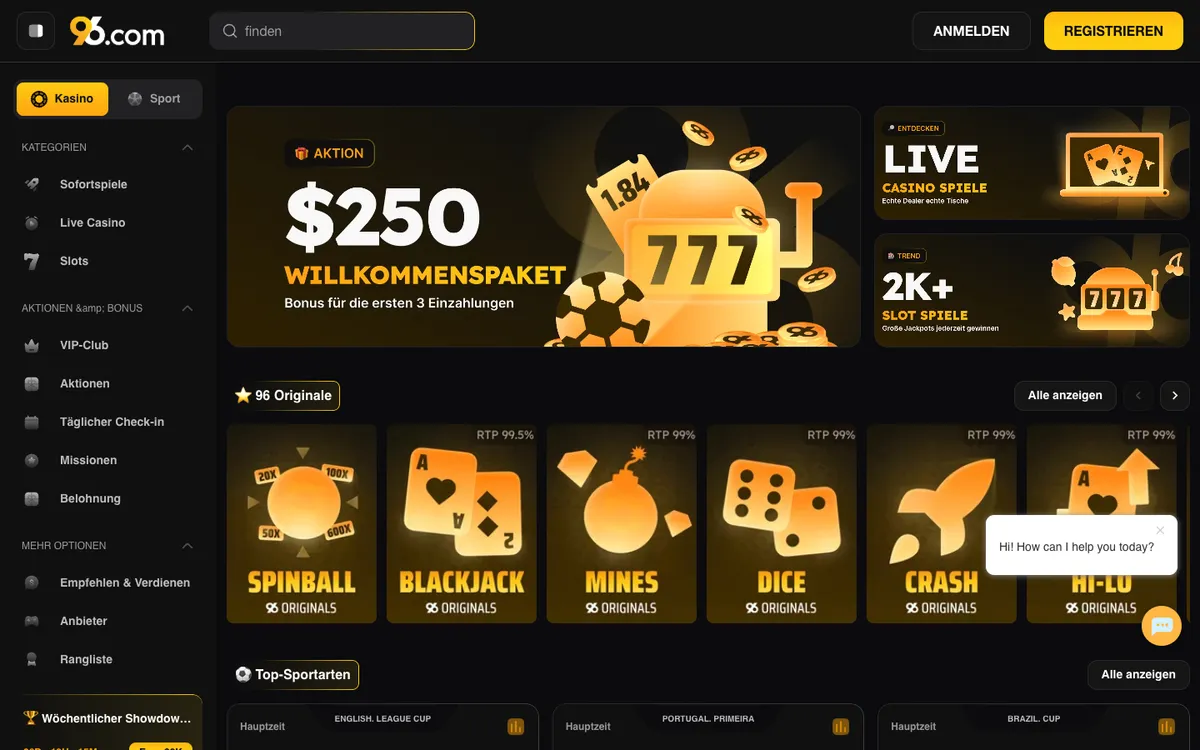96 Casino — Home page, captured from Austria