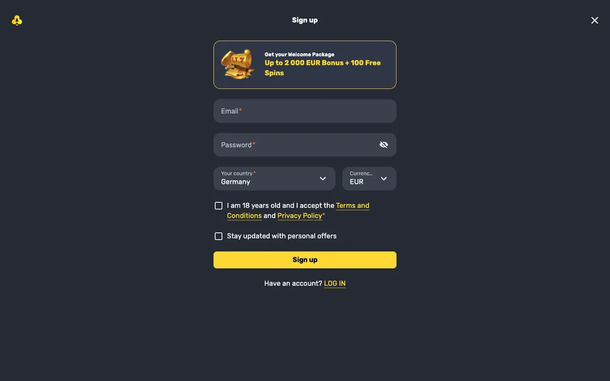 RocketPlay Casino — Sign-up, captured from Germany