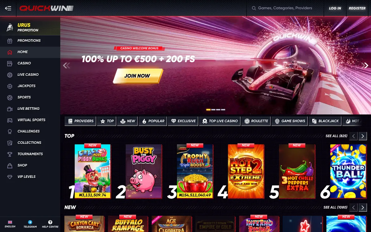 QuickWin Casino — Home page, captured from Nigeria