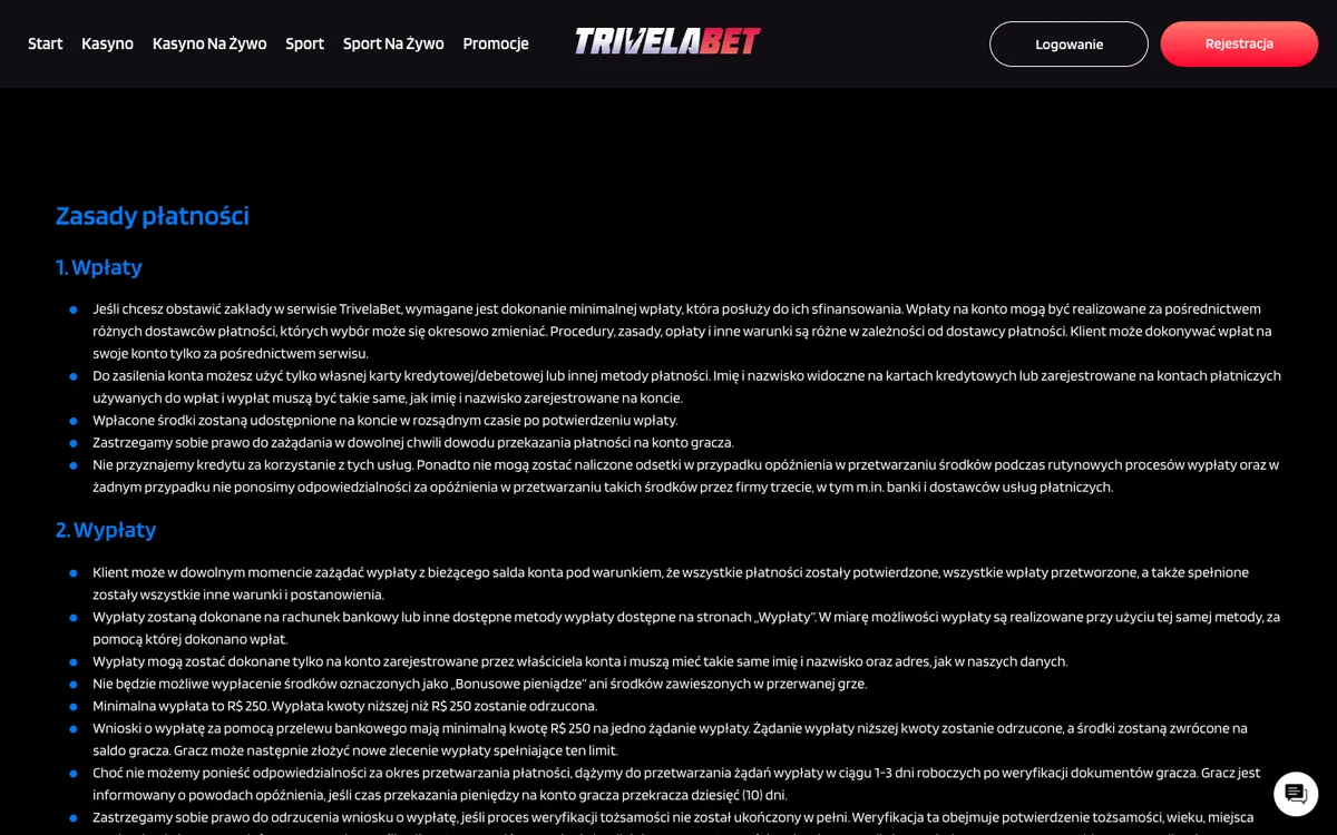 TrivelaBet Casino — Payments, captured from Poland