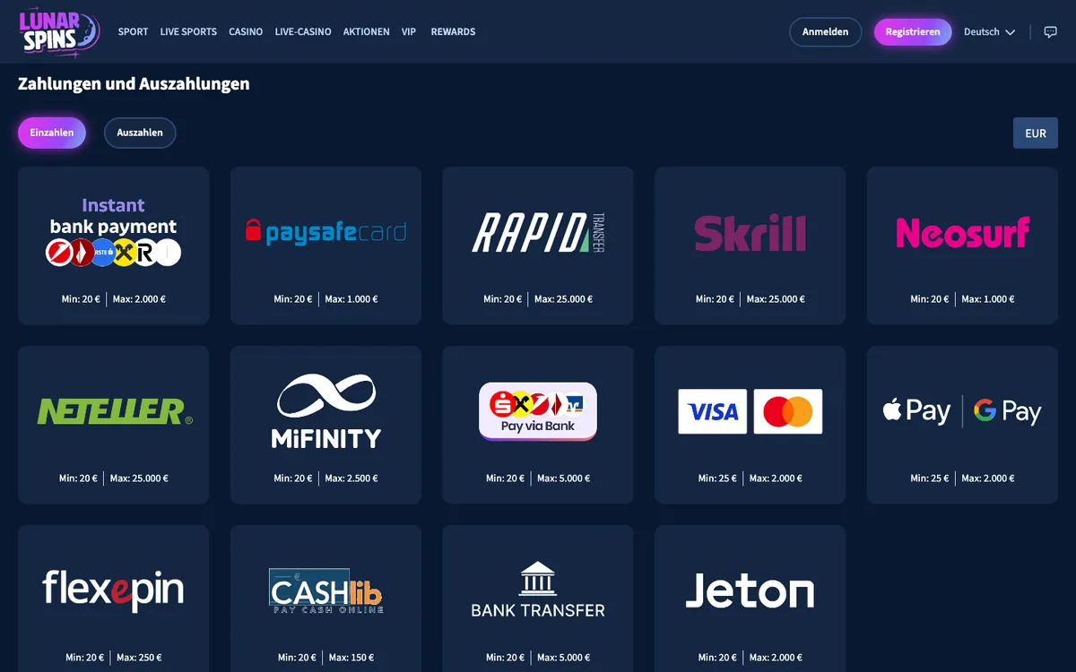 Lunarspins Casino — Payments, captured from Austria