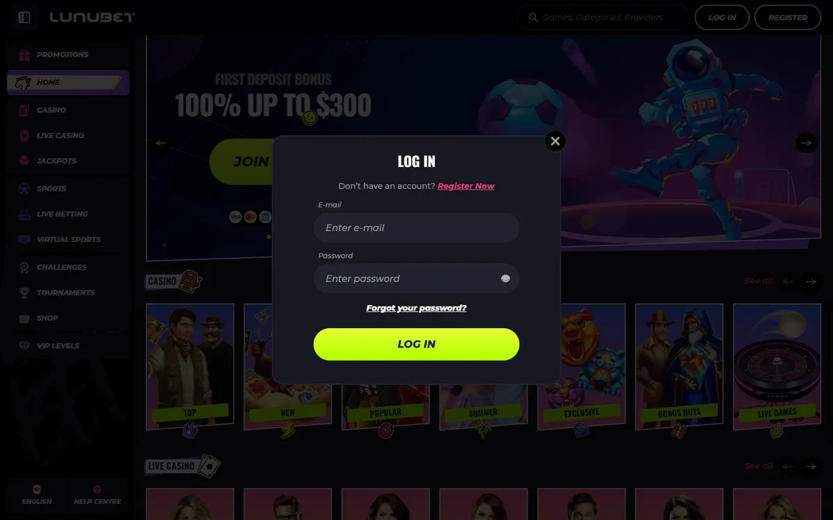 LunuBet Casino — Sign-up, captured from Canada