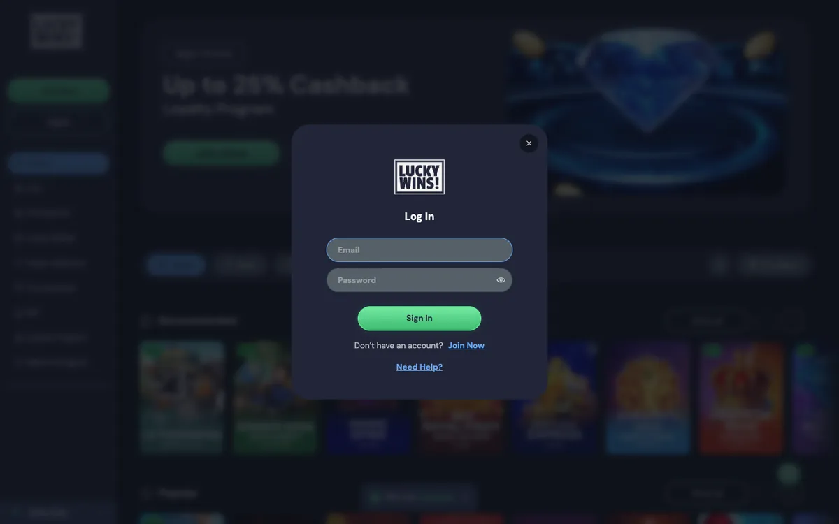 LuckyWins Casino — Sign-up, captured from South Africa